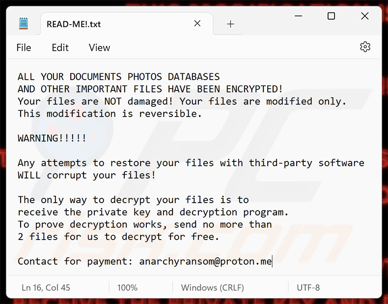 Lösegeldforderung der Ransomware AnarchyRansom (READ-ME!.txt)