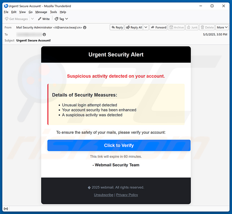 Binance - Urgent Security Alert email Betrug (2025-05-06)
