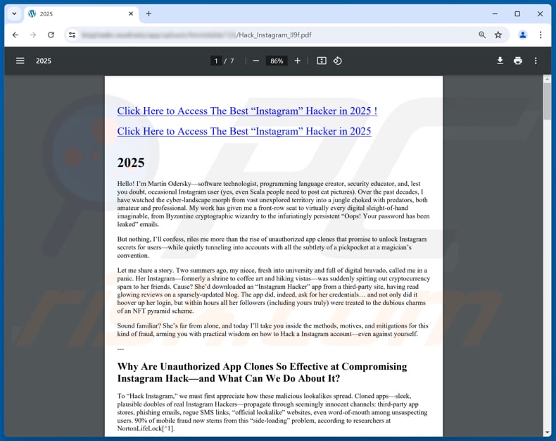 PDF-Datei zum Betrug „Instagram Account Hack” auf einer dubiosen Seite, die für den Betrug wirbt
