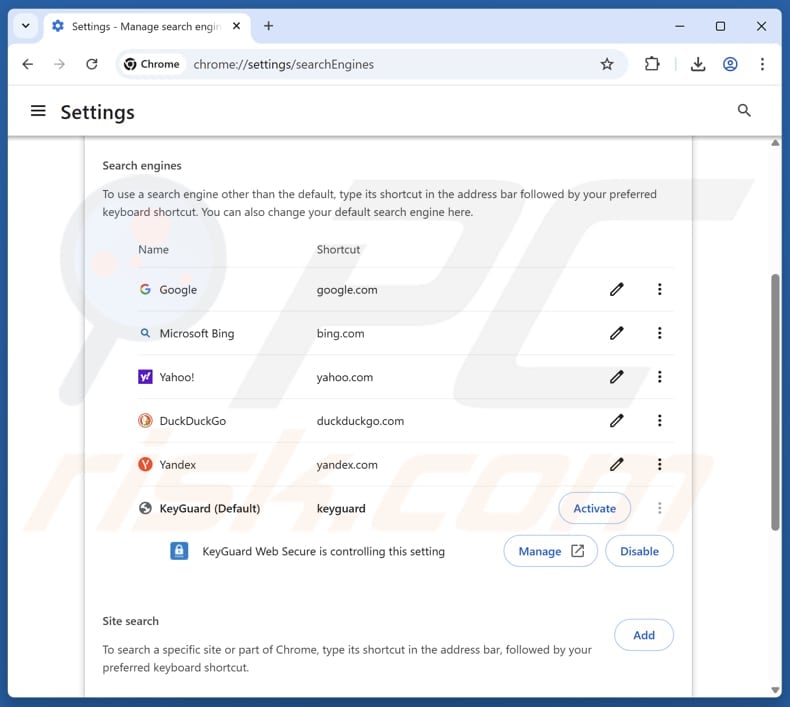 Entfernen von keyguard-websecure.com aus der Standardsuchmaschine von Google Chrome