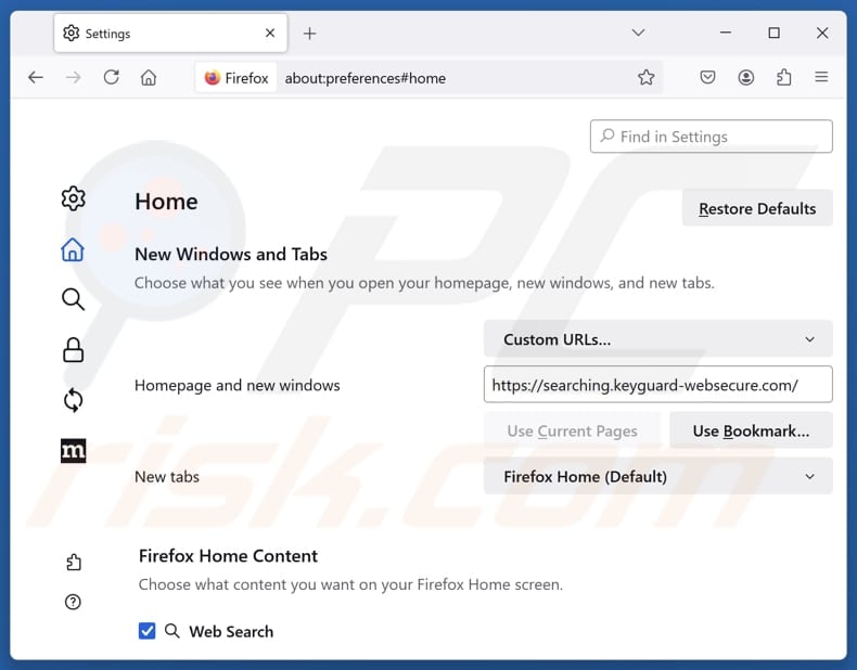 Entfernen von keyguard-websecure.com von der Mozilla Firefox Startseite