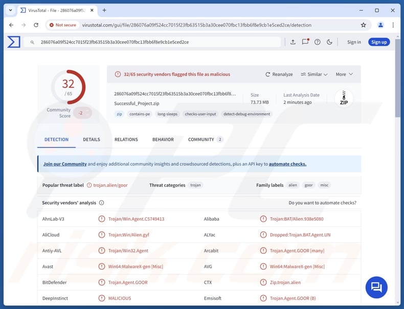Noodlophile malware Erkennungen auf VirusTotal