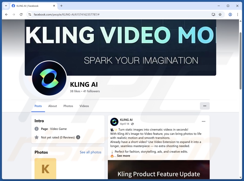 Gefälschtes Kling AI-FB-Konto, das zur Werbung für die Malware PureHVNC verwendet wurde