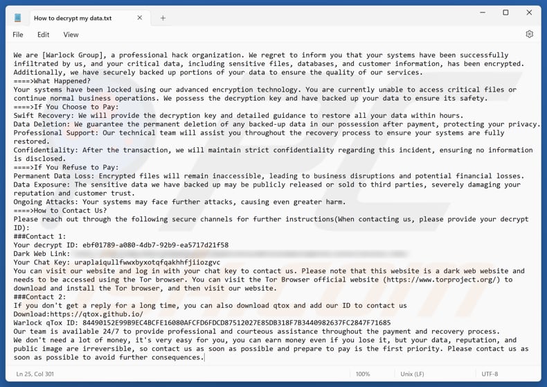 Warlock Group Ransomware-Textdatei (How to decrypt my data.txt)