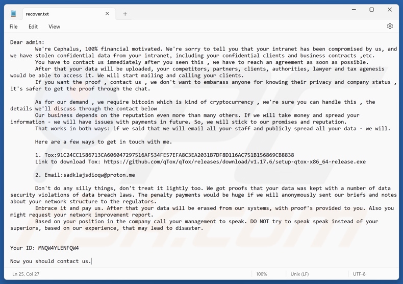 Cephalus ransomware Lösegeldforderung (recover.txt)
