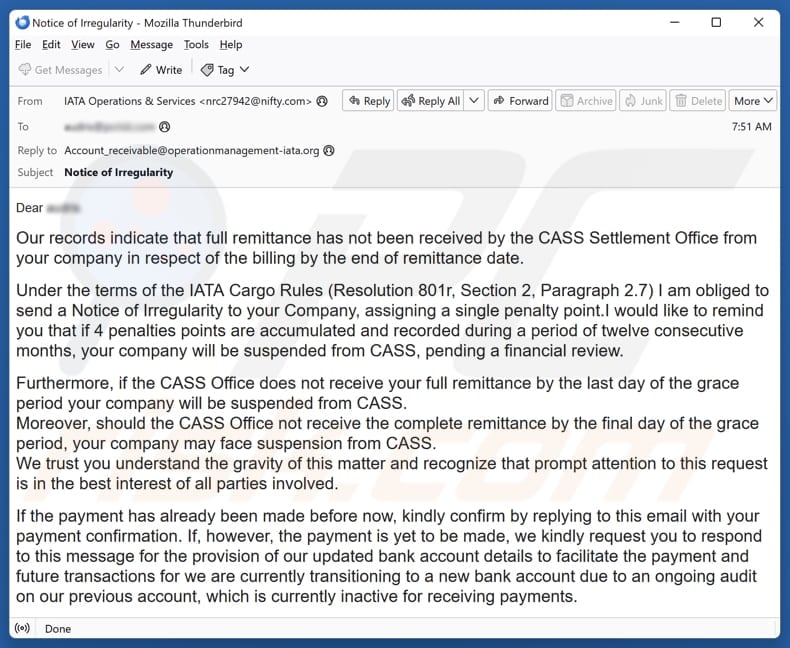 E-Mail Spam-Kampagne der International Air Transport Association (IATA)