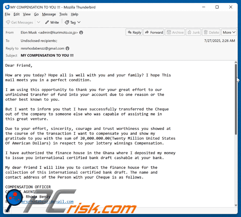 Aussehen der E-Mail Betrugsmasche Lotteriegewinne-Entschädigung