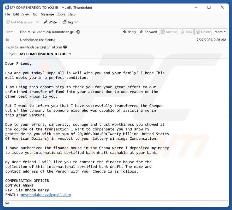 Lottery Winnings Compensation email spam kampagne