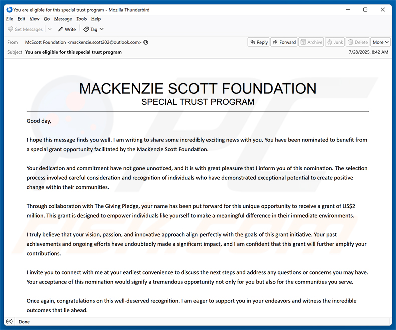 Mackenzie Scott Foundation E-Mail Betrug (2025-08-06)