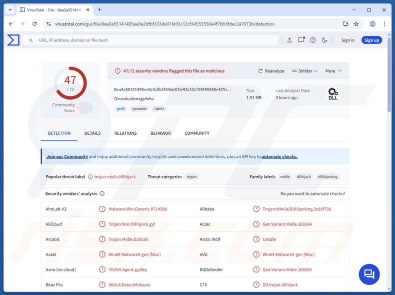 QuirkyLoader Malware-Erkennungen auf VirusTotal