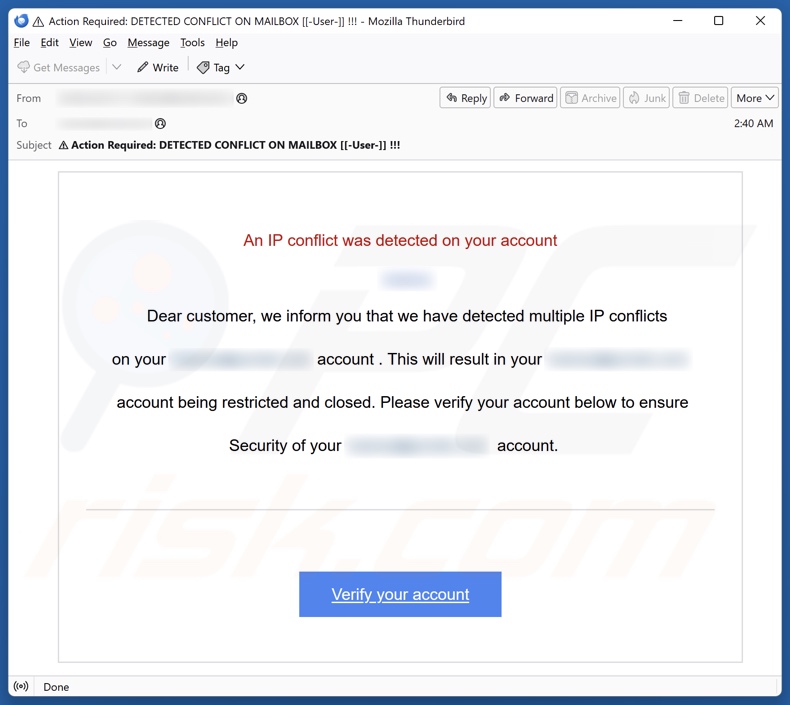 An IP Conflict Was Detected On Your Account E-Mail Spam Kampagne