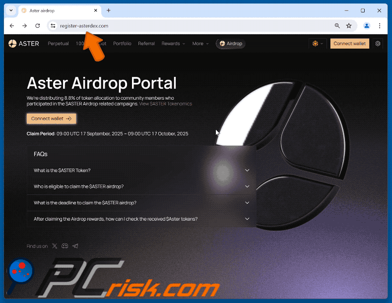 Aussehen der Fälschung Aster Airdrop website (GIF)