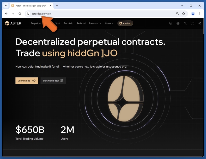 Erscheinungsbild des Realen Aster website (asterdex.com)