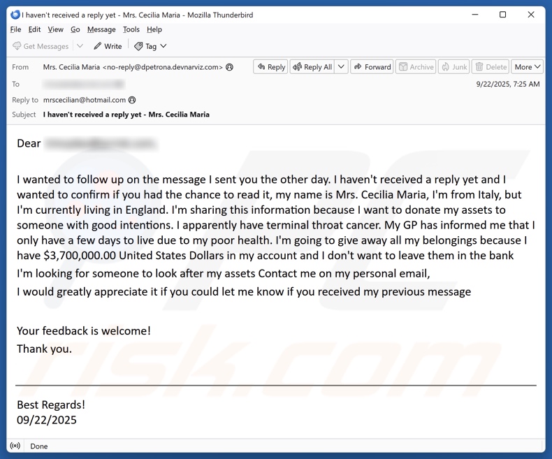 E-Mail Spam Kampagne „Spende an jemanden mit guten Absichten”