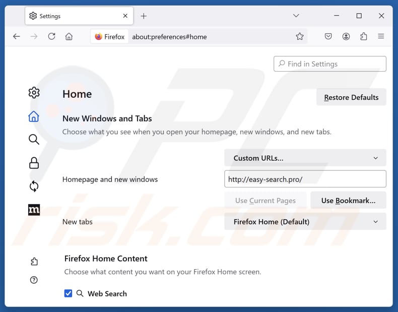 Entfernen von easy-search.pro von der Mozilla Firefox-Startseite
