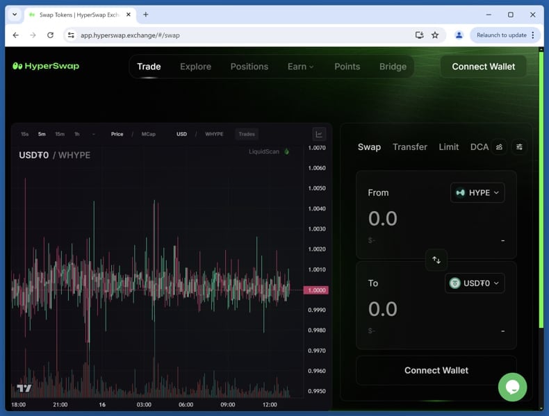 Gefälschte HyperSwap-Website – echte Website (app.hyperswap.exchange)