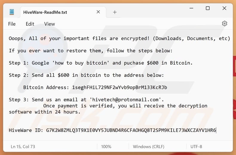 HiveWare Ransomware Textdatei (HiveWare-ReadMe.txt)