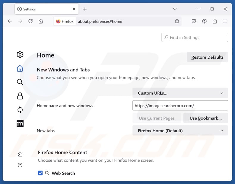 Entfernen von imagesearcherpro.com von der Mozilla Firefox-Startseite