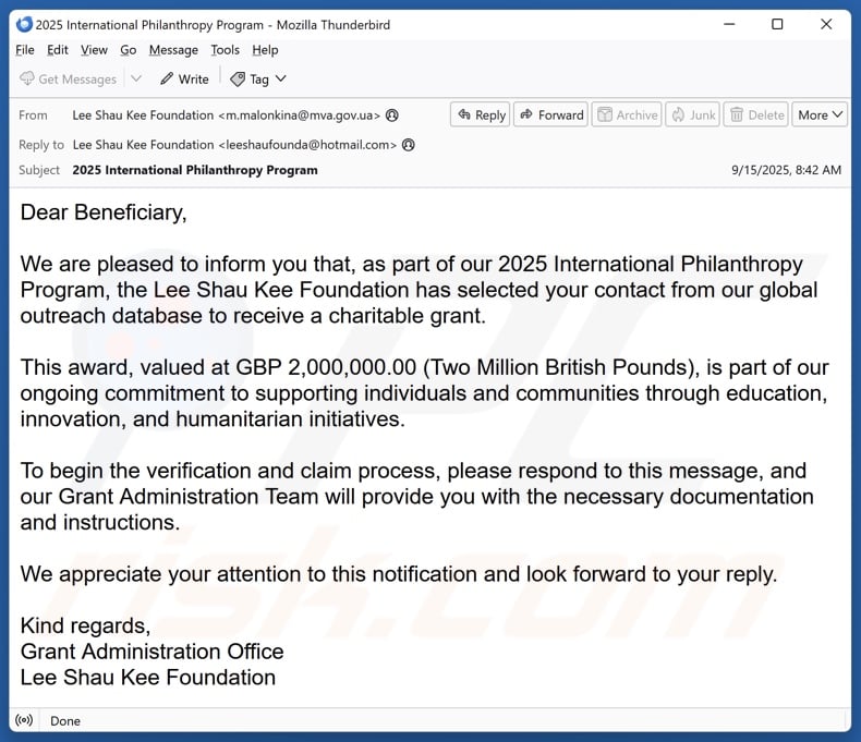 E-Mail Spam Kampagne des International Philanthropy Program