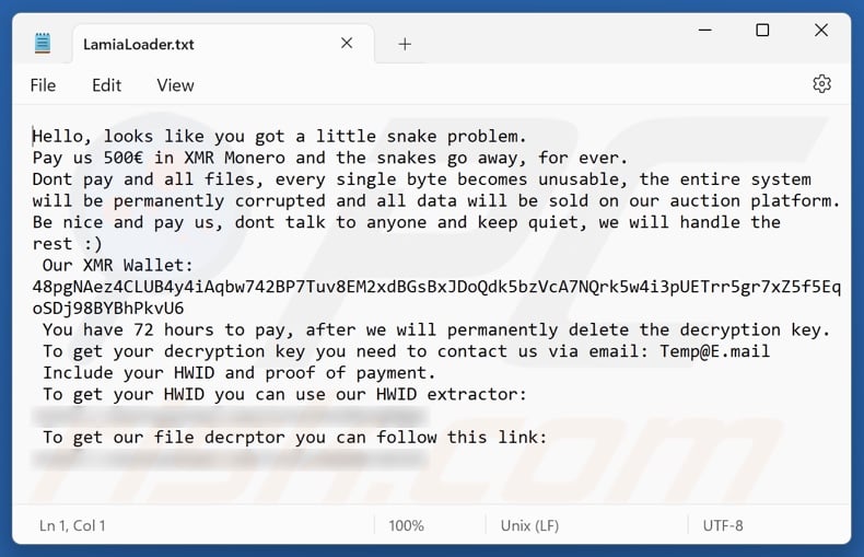 Lamia Loader Ransomware Lösegeldforderung (LamiaLoader.txt)