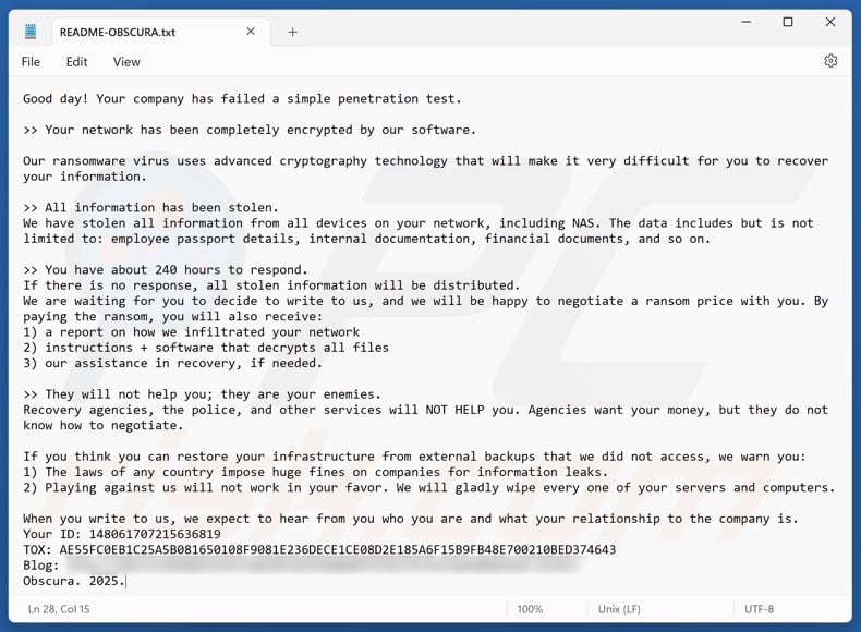 Obscura Ransomware Lösegeldforderung (README-OBSCURA.txt)