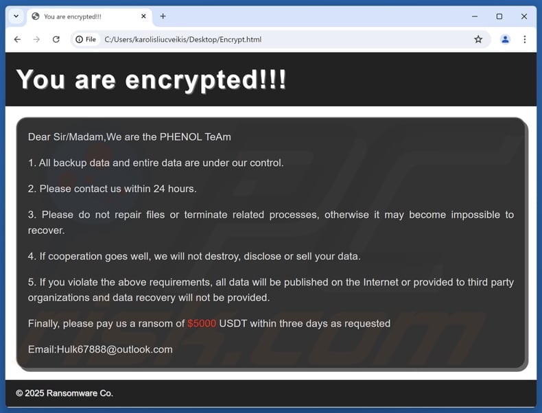 Lösegeldforderung der Ransomware Phenol (Encrypt.html)