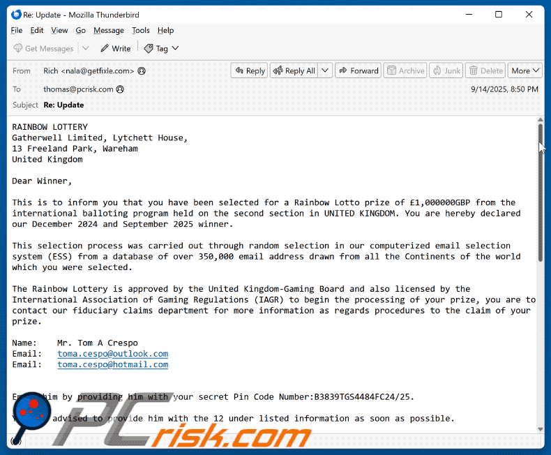 Aussehen der Rainbow Lottery-Betrugs E-Mail (GIF)