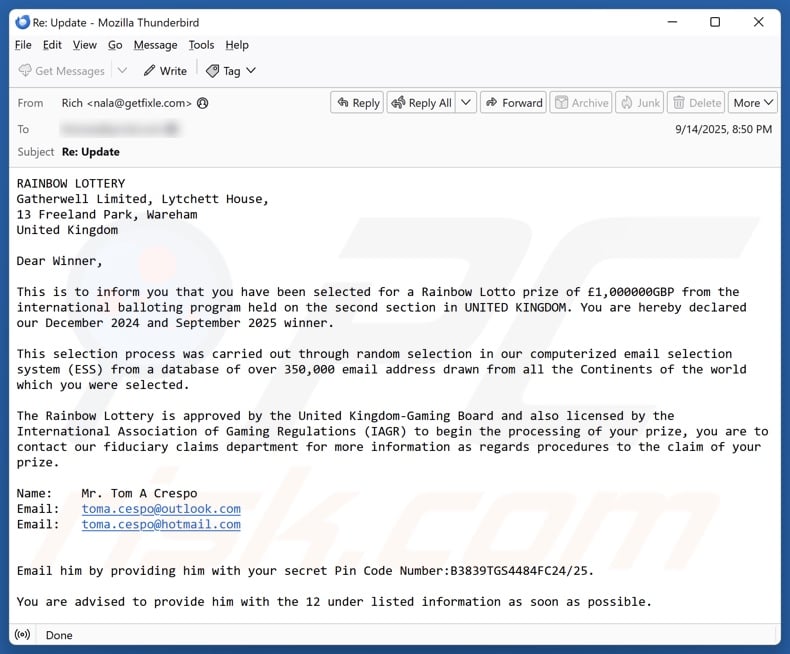 Rainbow Lottery E-Mail spam Kampagne