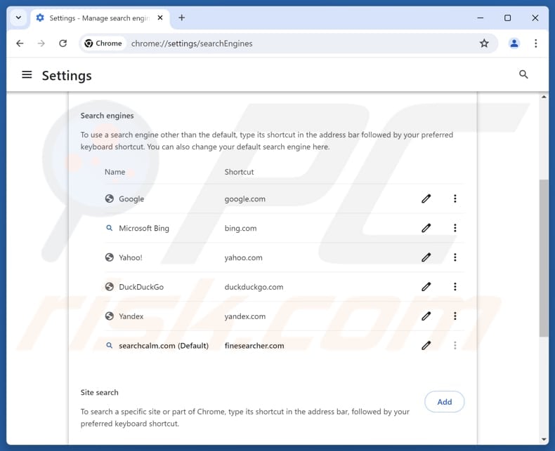 Entfernen von searchcalm.com aus der Standardsuchmaschine von Google Chrome