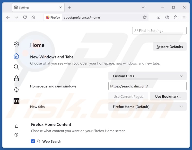 Entfernen von searchcalm.com von der Mozilla Firefox-Startseite