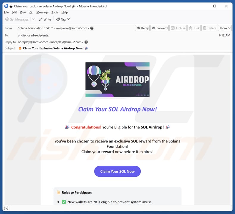 E-Mail, die für den Solana Community Airdrop-Betrug wirbt