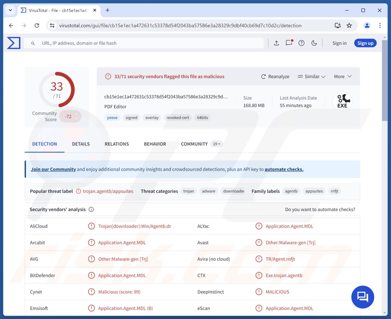 TamperedChef Malware-Erkennungen auf VirusTotal