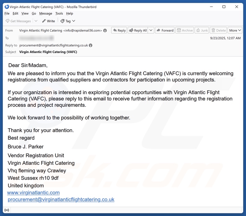 Virgin Atlantic Flight Catering (VAFC) E-Mail Spam Kampagne