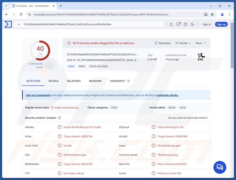 ZynorRAT Malware Erkennungen auf VirusTotal