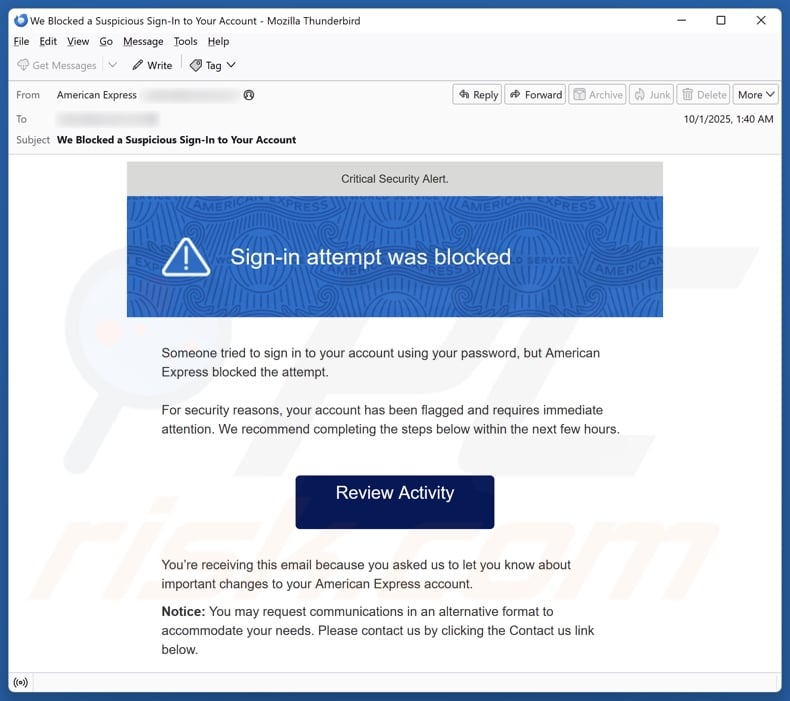 American Express - Sign-in Attempt Was Blocked email spam kampagne