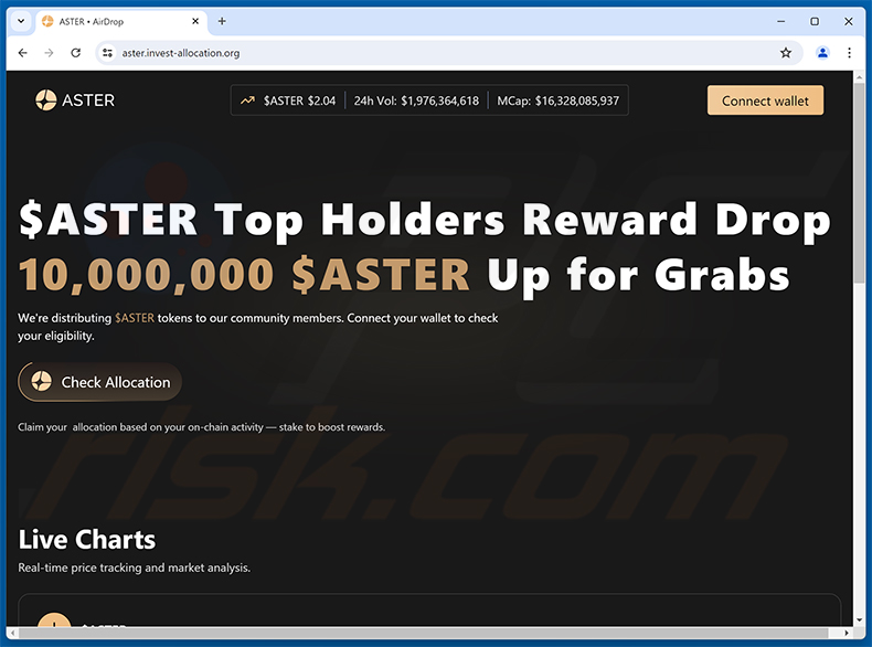 Aster airdrop drainer website (aster.invest-allocation[.]org - 2025-10-07))