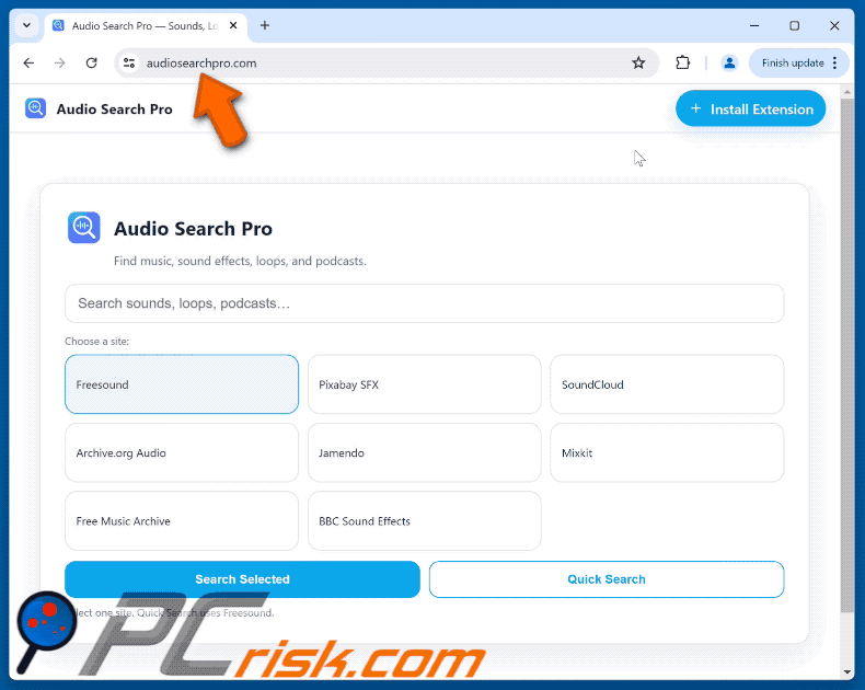 Audio Search Pro browser hijacker Weiterleitung zu audiosearchpro.com (GIF)