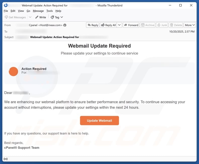cPanel - Webmail Update Required email Spam Kampagne