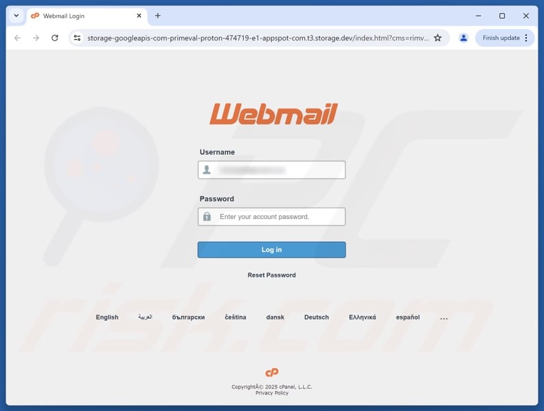 cPanel - Webmail Update Required Betrugs E-Mail bewarb Phishing Website