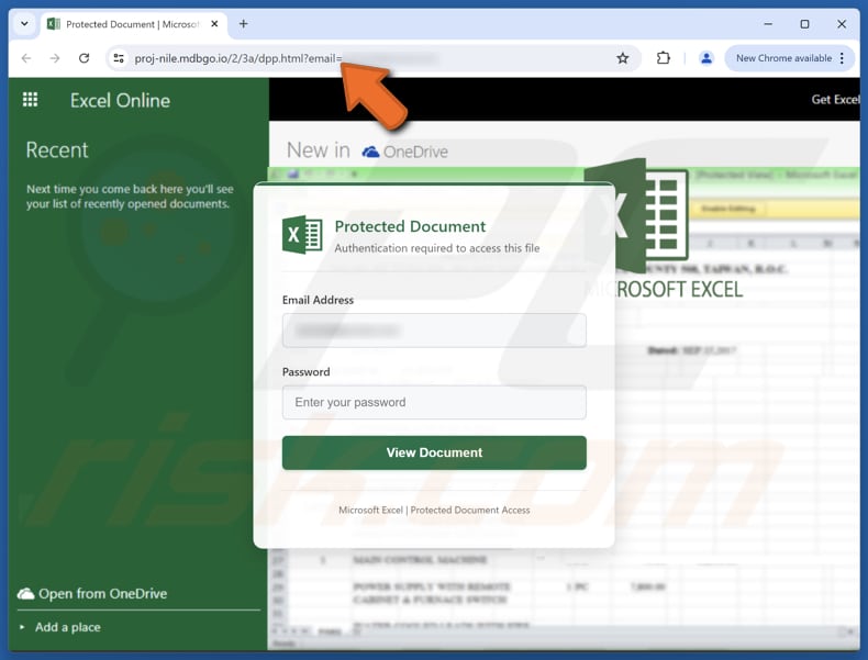 Excel Online Manager Email Betrug phishing Seite