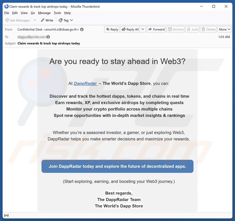 Betrügerische E-Mail, die für eine gefälschte DappRadar-Website wirbt