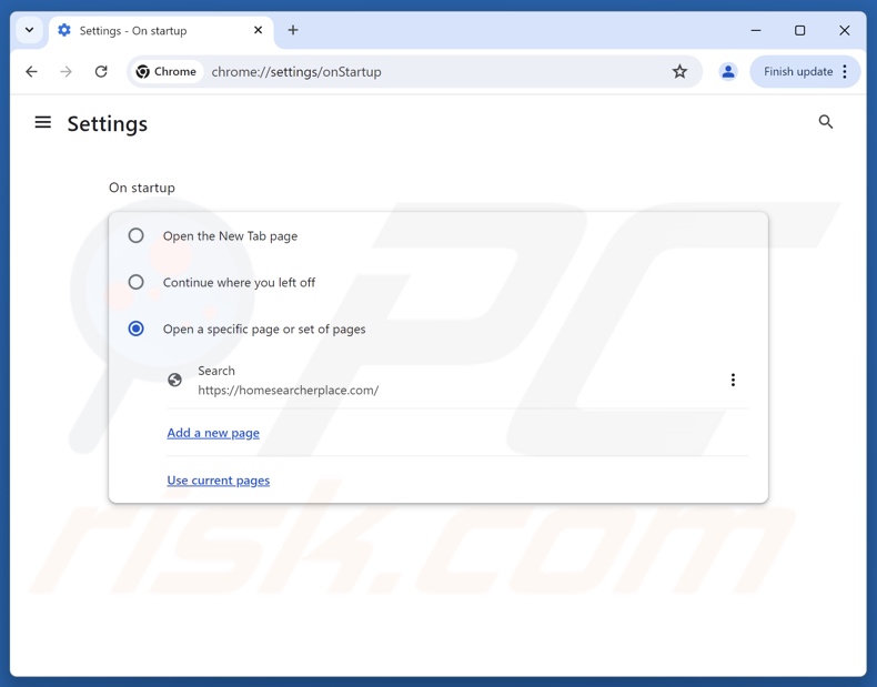 Entfernen von homesearcherplace[.]com von der Google Chrome-Startseite