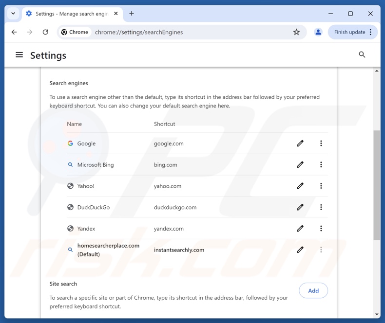 Entfernen von homesearcherplace[.]com aus der Standardsuchmaschine von Google Chrome