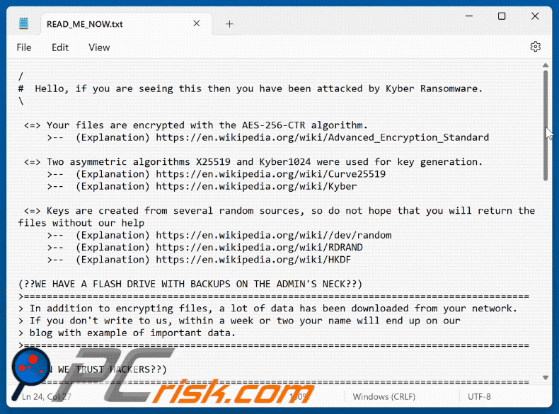 Kyber ransomware Lösegeldforderung (READ_ME_NOW.txt)