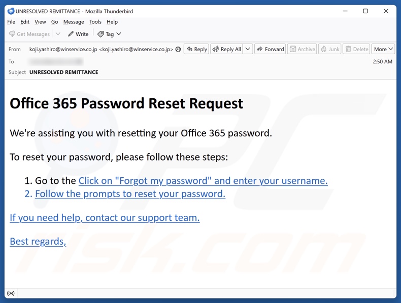 Office 365 Password Reset Request E-Mail Spam Kampagne