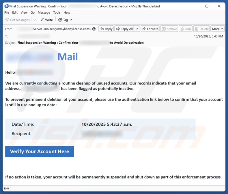 Email Account Failure Notice E-Mail Spam Kampagne