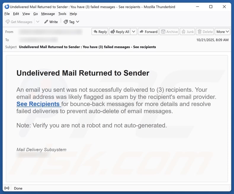 Undelivered Mail Returned To Sender E-Mail Spam Kampagne