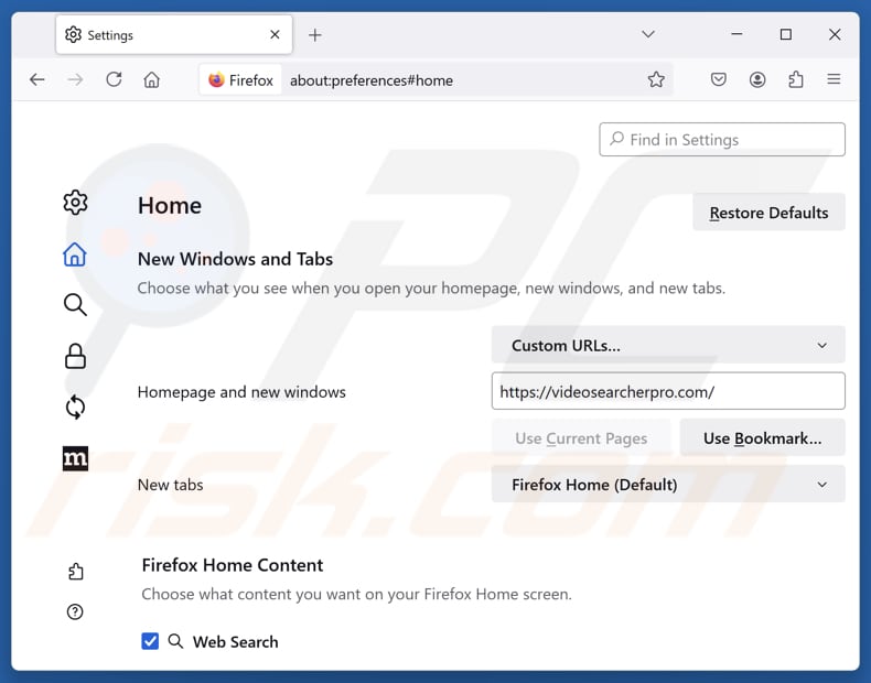 Entfernen von videosearcherpro.com aus der Startseite von Mozilla Firefox