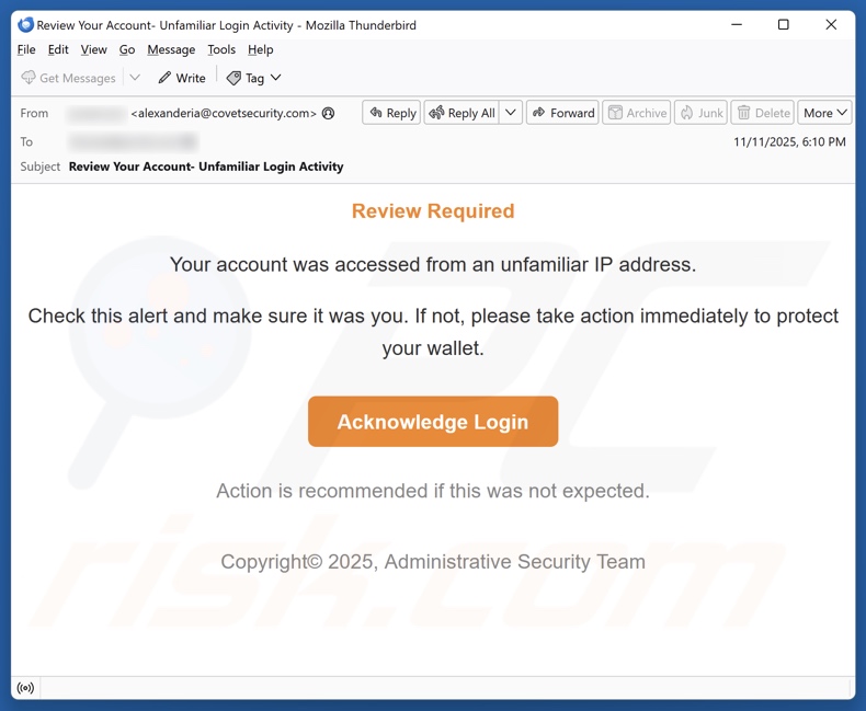 Account Accessed From An Unfamiliar IP Address email spam kampagne