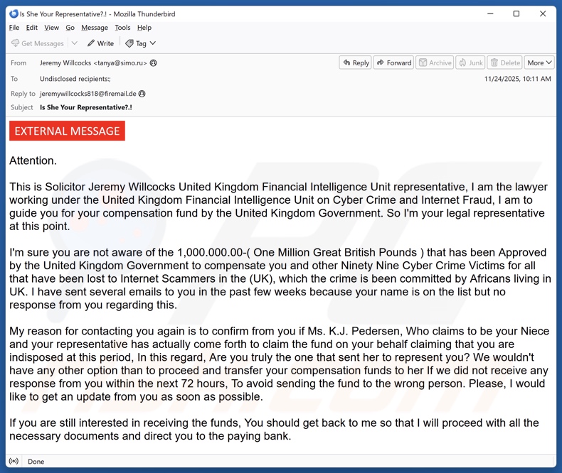 Compensation To Cyber Crime Victims email spam Kampagne